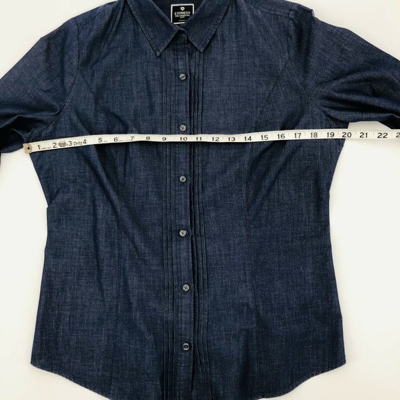 Express Essential Shirt Medium Blue Fitted Long Sleeve Collar Pleated Button - Picture 7 of 9